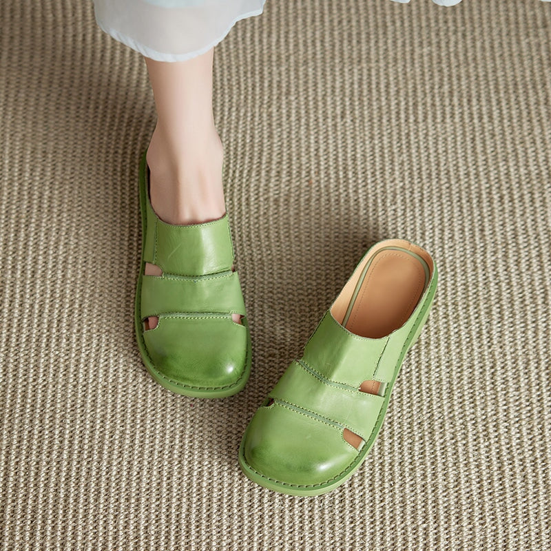 British Style Handmade Leather Cut-Out Mules Hollow Out Summer Slippers in Black/Green/Purple
