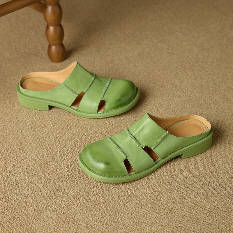 British Style Handmade Leather Cut-Out Mules Hollow Out Summer Slippers in Black/Green/Purple