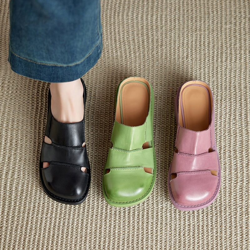 British Style Handmade Leather Cut-Out Mules Hollow Out Summer Slippers in Black/Green/Purple