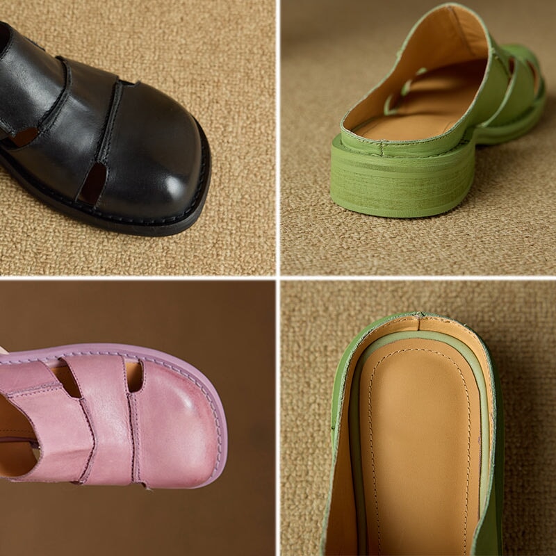 British Style Handmade Leather Cut-Out Mules Hollow Out Summer Slippers in Black/Green/Purple