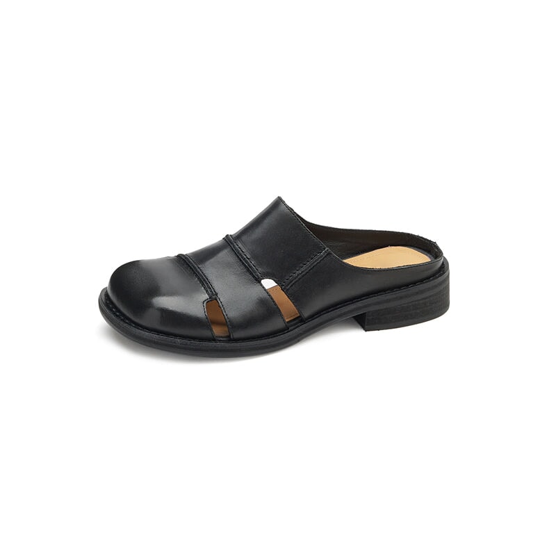 British Style Handmade Leather Cut-Out Mules Hollow Out Summer Slippers in Black/Green/Purple