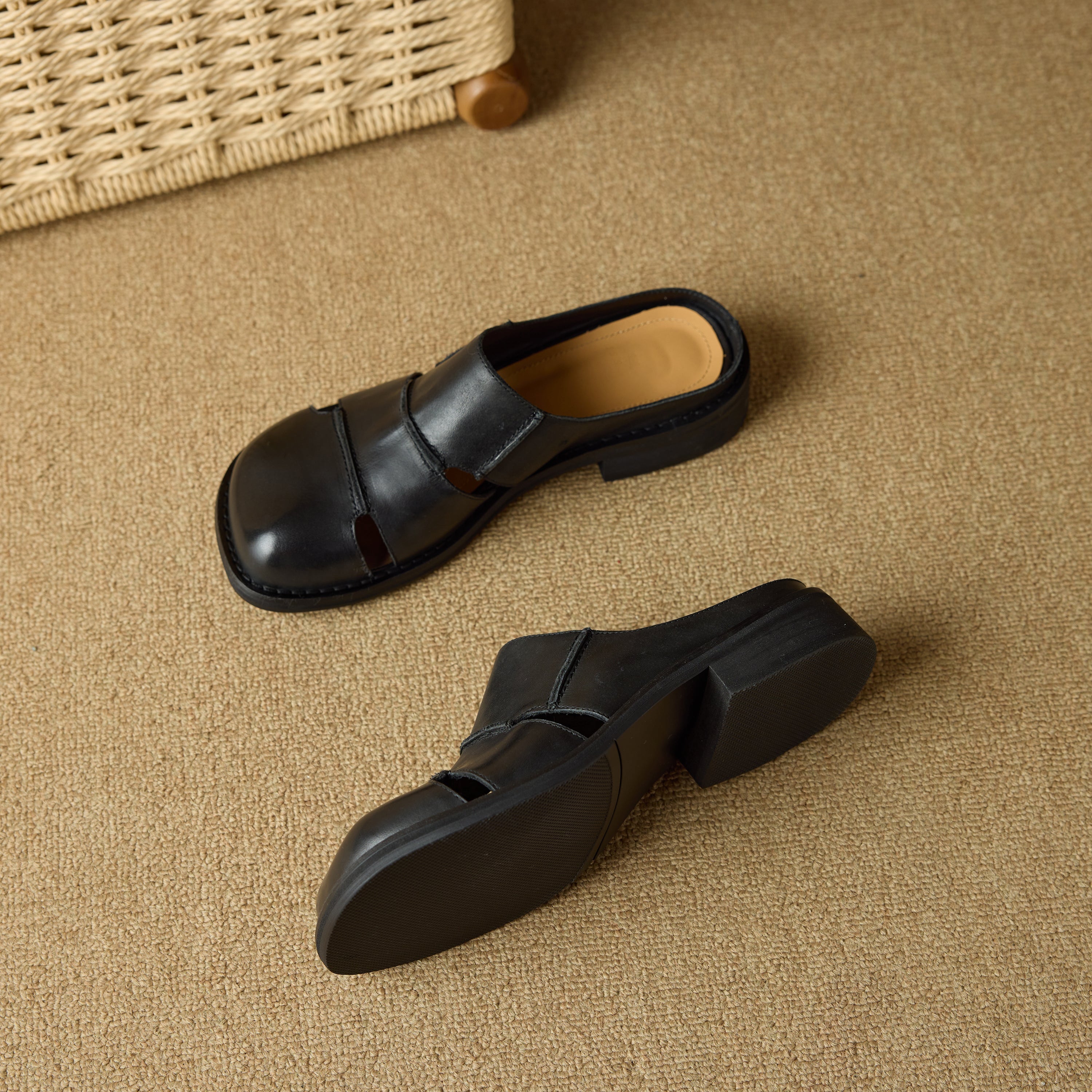 British Style Handmade Leather Cut-Out Mules Hollow Out Summer Slippers in Black/Green/Purple