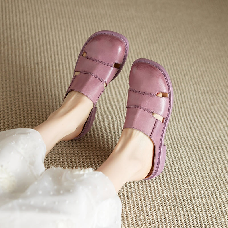 British Style Handmade Leather Cut-Out Mules Hollow Out Summer Slippers in Black/Green/Purple