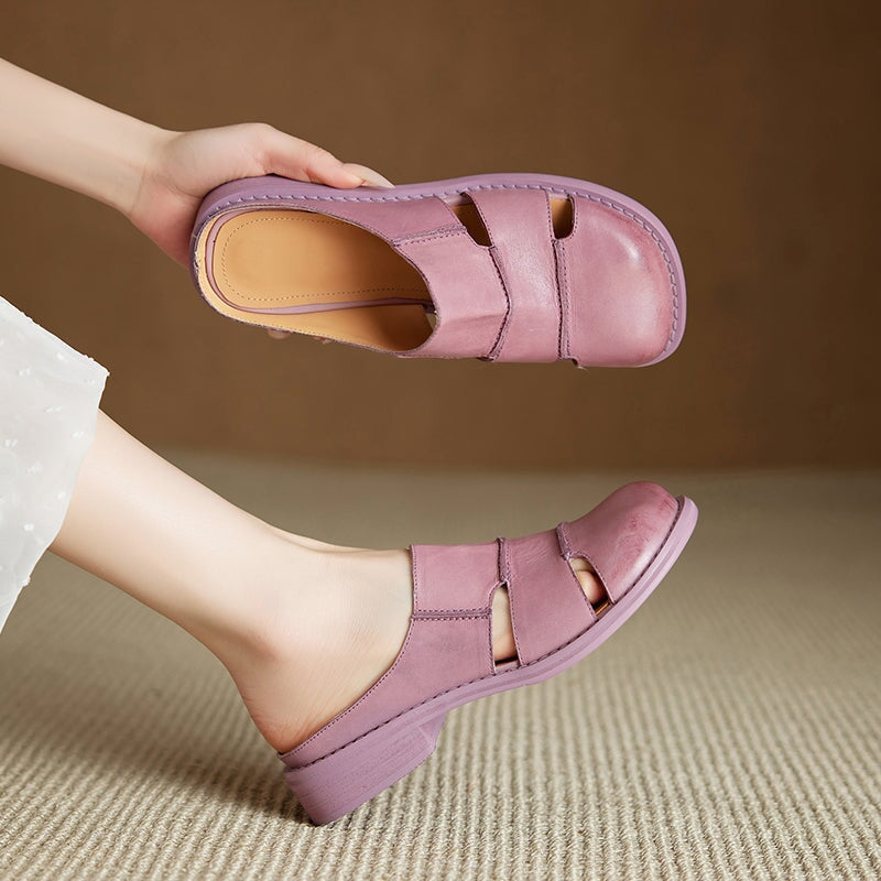 British Style Handmade Leather Cut-Out Mules Hollow Out Summer Slippers in Black/Green/Purple
