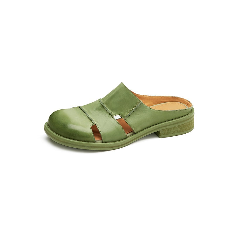 British Style Handmade Leather Cut-Out Mules Hollow Out Summer Slippers in Black/Green/Purple