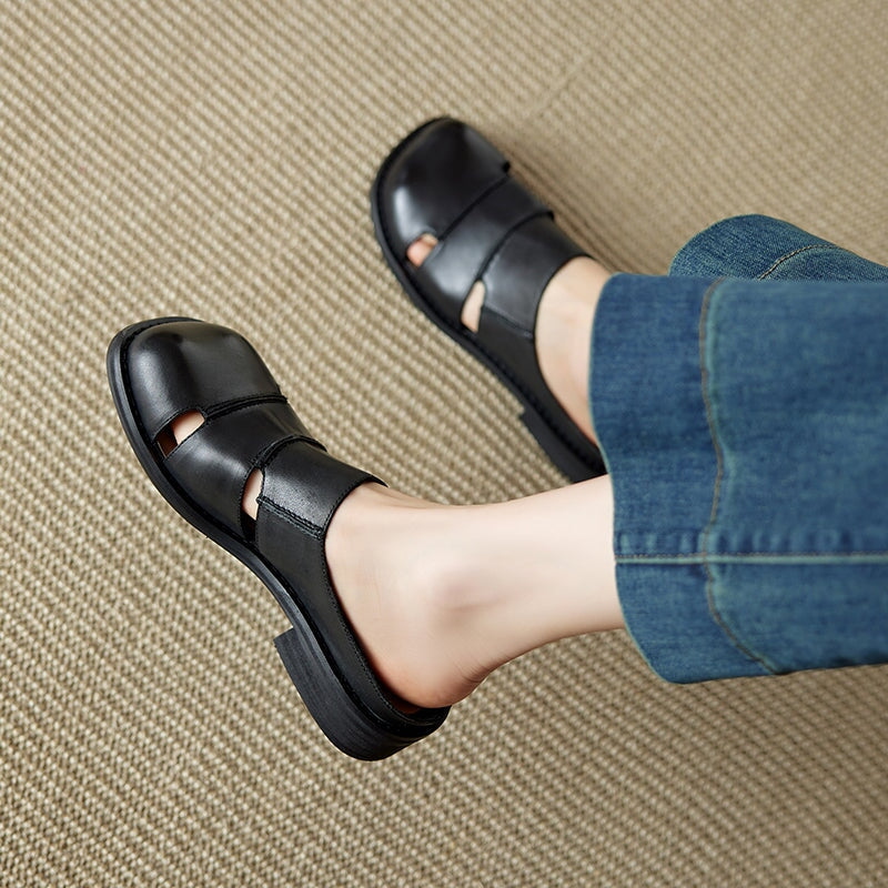 British Style Handmade Leather Cut-Out Mules Hollow Out Summer Slippers in Black/Green/Purple