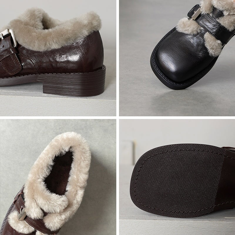 British Style Square Toe Shaggy Sheepskin Mary Jane Shoes with Metal Buckle in Black/Brown