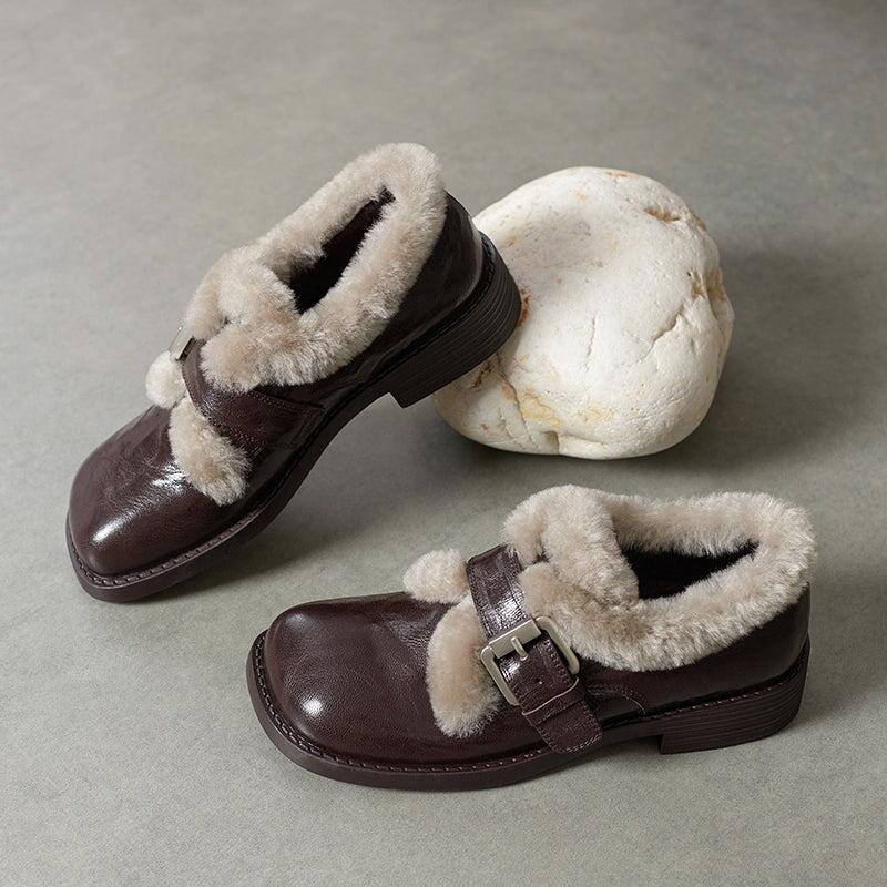 British Style Square Toe Shaggy Sheepskin Mary Jane Shoes with Metal Buckle in Black/Brown