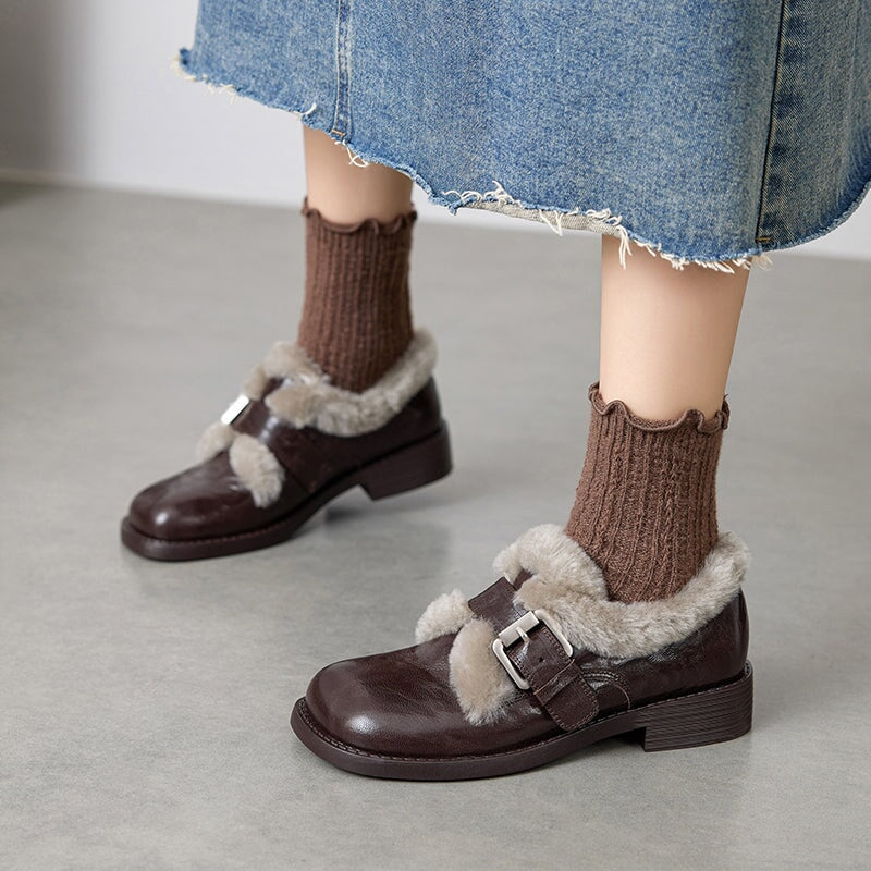 British Style Square Toe Shaggy Sheepskin Mary Jane Shoes with Metal Buckle in Black/Brown