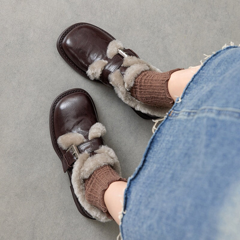 British Style Square Toe Shaggy Sheepskin Mary Jane Shoes with Metal Buckle in Black/Brown
