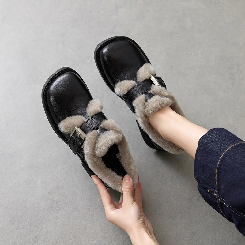 British Style Square Toe Shaggy Sheepskin Mary Jane Shoes with Metal Buckle in Black/Brown