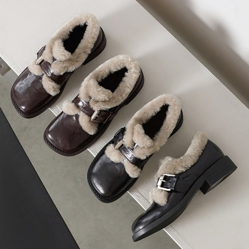 British Style Square Toe Shaggy Sheepskin Mary Jane Shoes with Metal Buckle in Black/Brown