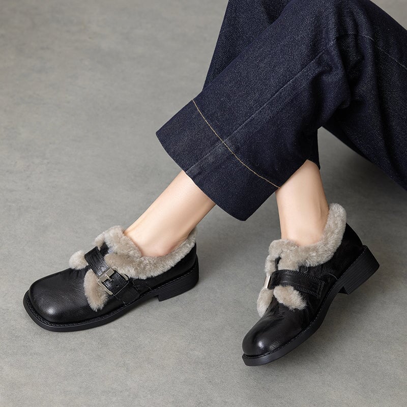 British Style Square Toe Shaggy Sheepskin Mary Jane Shoes with Metal Buckle in Black/Brown