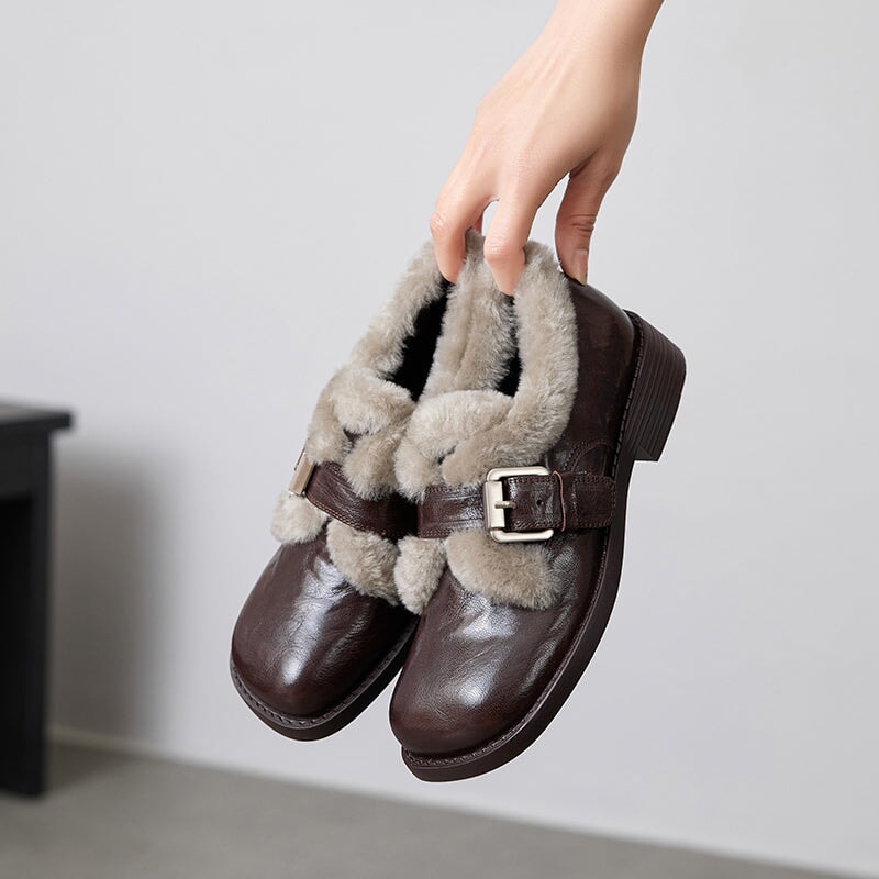 British Style Square Toe Shaggy Sheepskin Mary Jane Shoes with Metal Buckle in Black/Brown