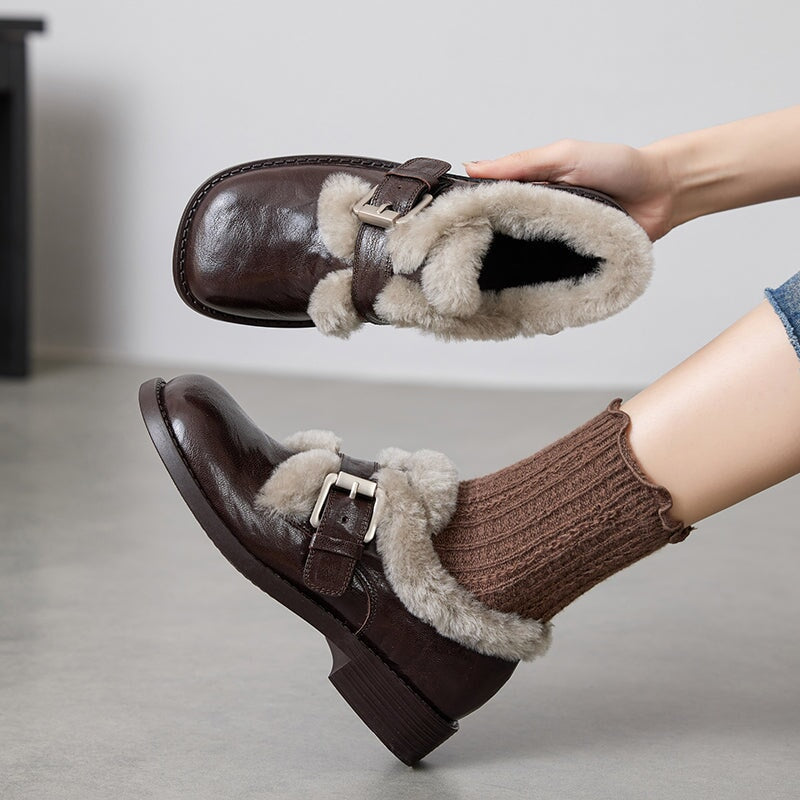British Style Square Toe Shaggy Sheepskin Mary Jane Shoes with Metal Buckle in Black/Brown