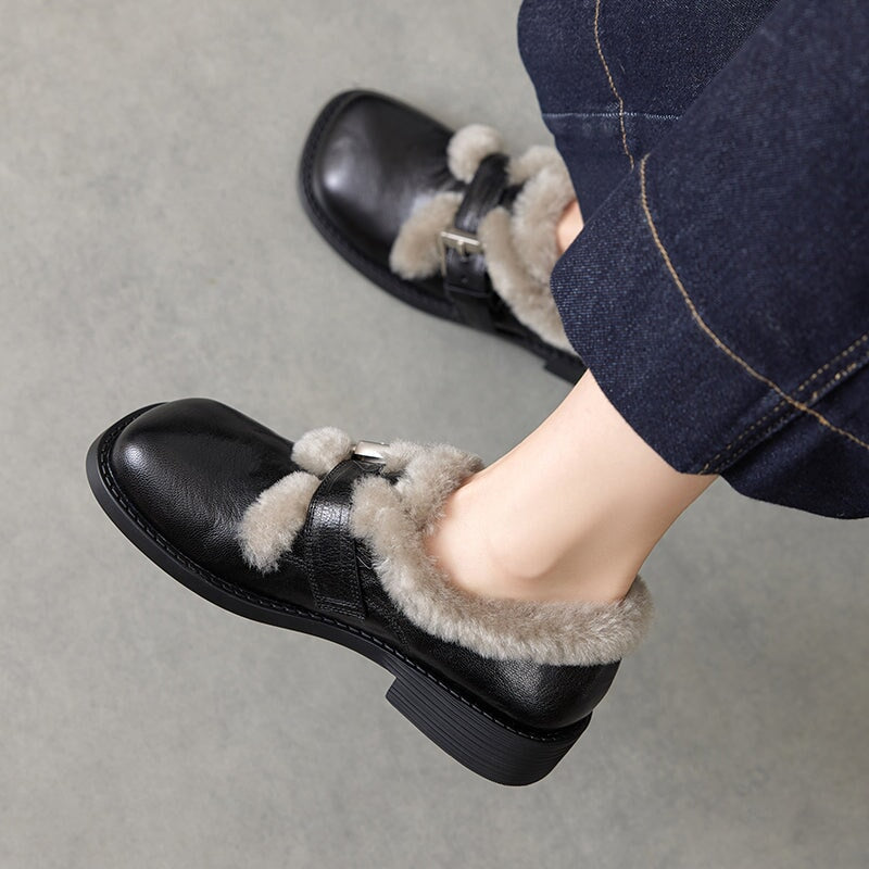 British Style Square Toe Shaggy Sheepskin Mary Jane Shoes with Metal Buckle in Black/Brown