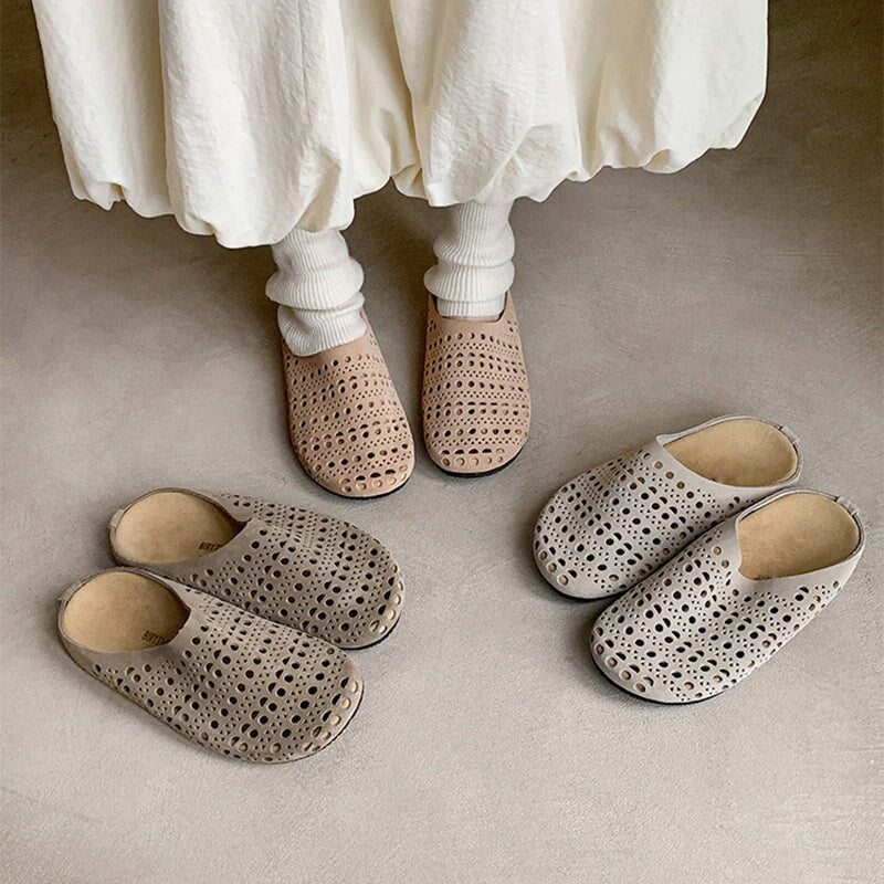 Casual Leather Closed Toe Slide Slippers Breathable Hollow Out Mules in Yellow Brown/Cameo Brown/Green/Light Yellow