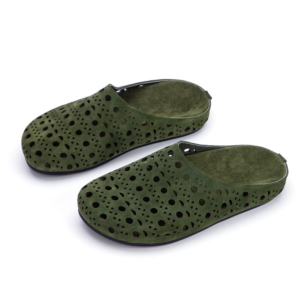 Casual Leather Closed Toe Slide Slippers Breathable Hollow Out Mules in Yellow Brown/Cameo Brown/Green/Light Yellow