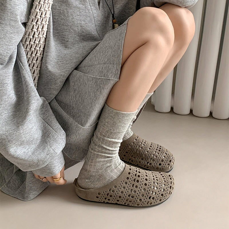Casual Leather Closed Toe Slide Slippers Breathable Hollow Out Mules in Yellow Brown/Cameo Brown/Green/Light Yellow