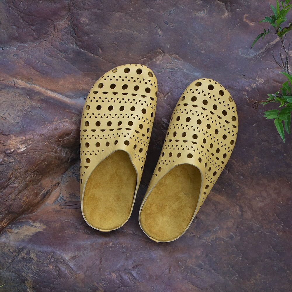 Casual Leather Closed Toe Slide Slippers Breathable Hollow Out Mules in Yellow Brown/Cameo Brown/Green/Light Yellow