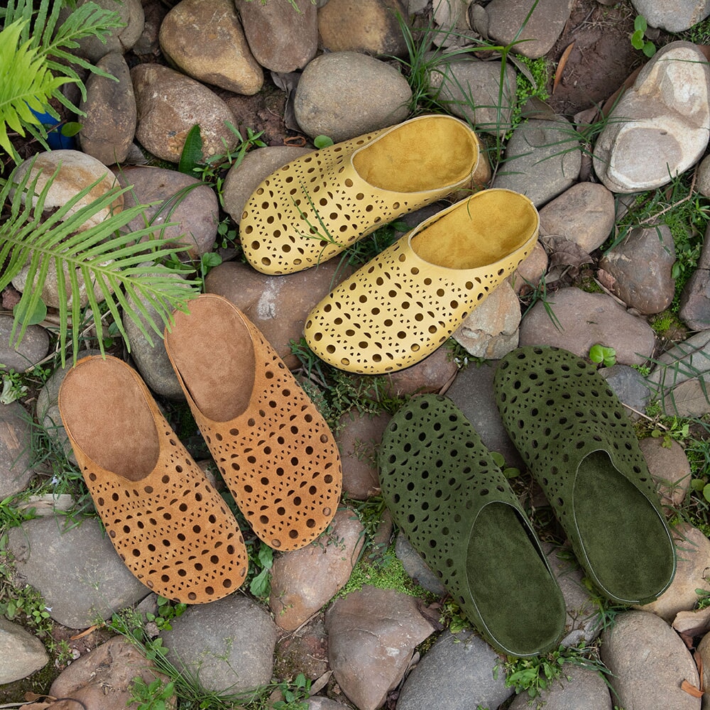 Casual Leather Closed Toe Slide Slippers Breathable Hollow Out Mules in Yellow Brown/Cameo Brown/Green/Light Yellow