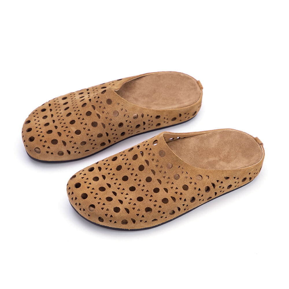 Casual Leather Closed Toe Slide Slippers Breathable Hollow Out Mules in Yellow Brown/Cameo Brown/Green/Light Yellow