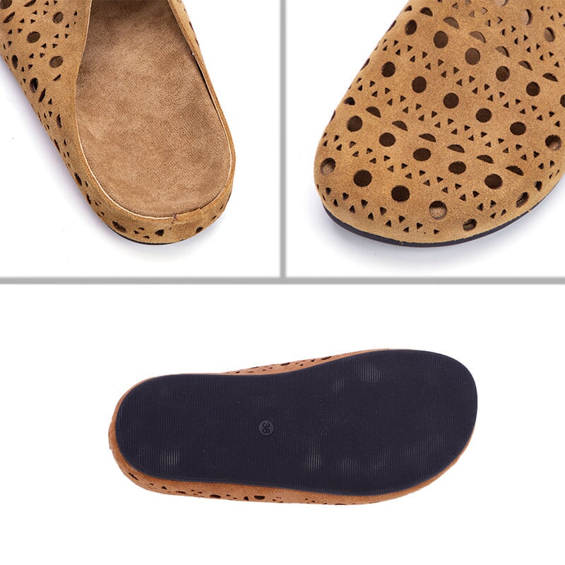 Casual Leather Closed Toe Slide Slippers Breathable Hollow Out Mules in Yellow Brown/Cameo Brown/Green/Light Yellow