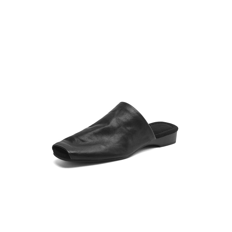 Casual Peep Toe Leather Minimalist Mule Slippers in Black/Brown/Apricot