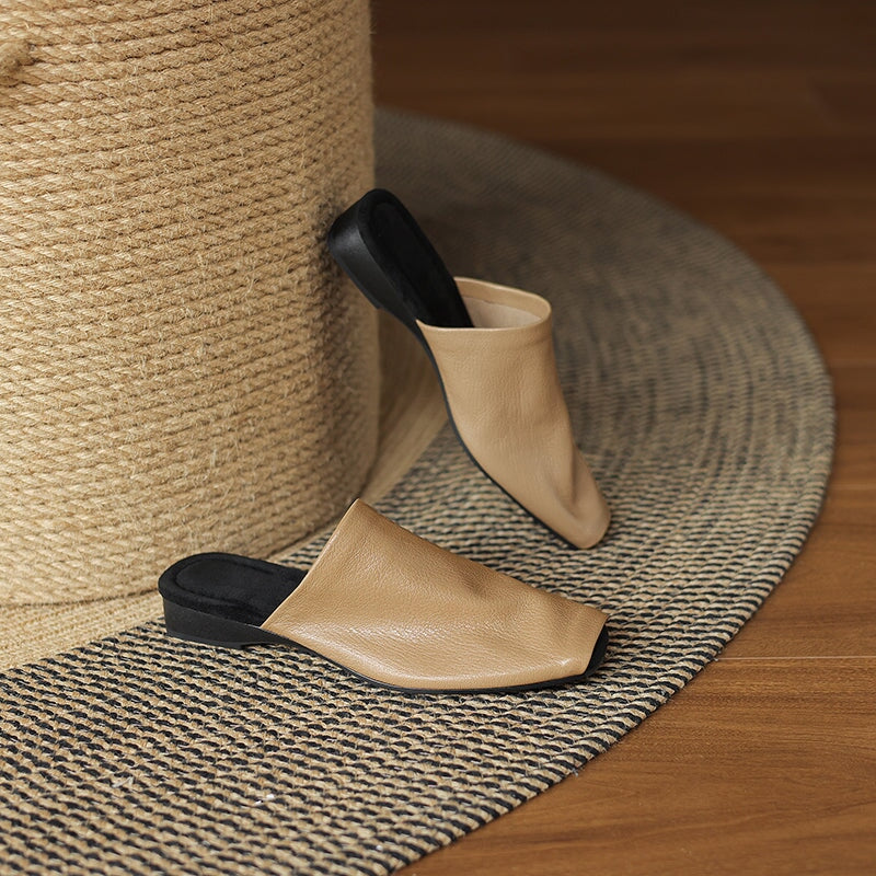 Casual Peep Toe Leather Minimalist Mule Slippers in Black/Brown/Apricot