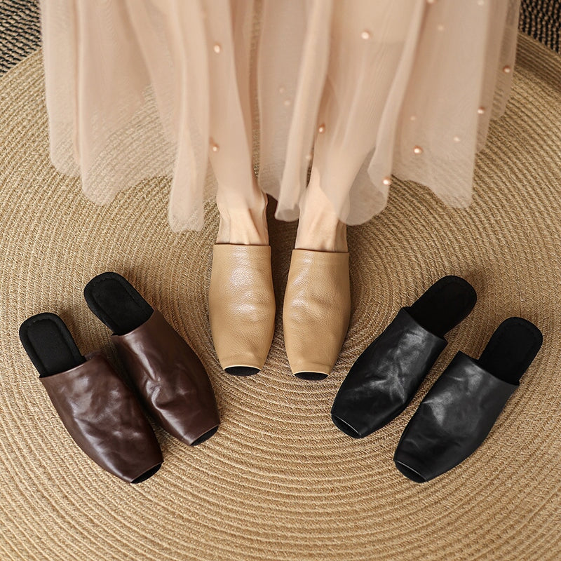 Casual Peep Toe Leather Minimalist Mule Slippers in Black/Brown/Apricot