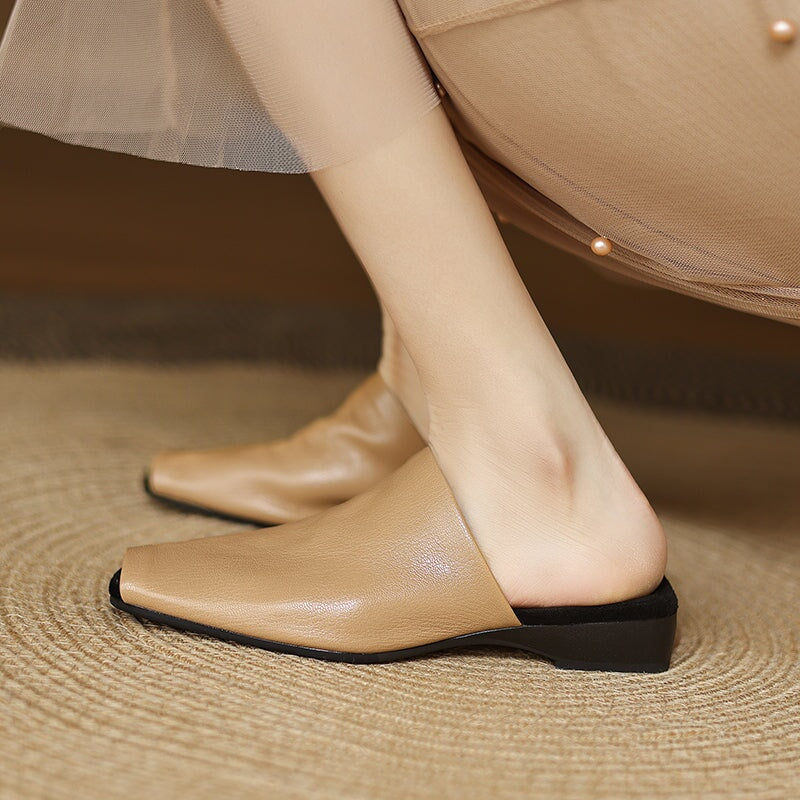 Casual Peep Toe Leather Minimalist Mule Slippers in Black/Brown/Apricot