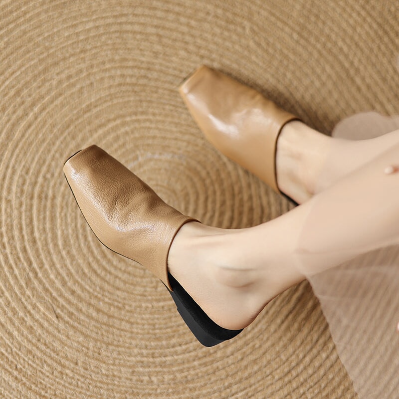 Casual Peep Toe Leather Minimalist Mule Slippers in Black/Brown/Apricot