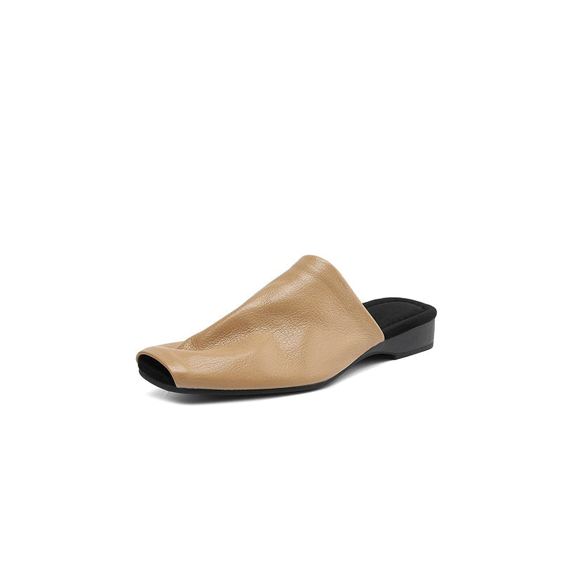 Casual Peep Toe Leather Minimalist Mule Slippers in Black/Brown/Apricot