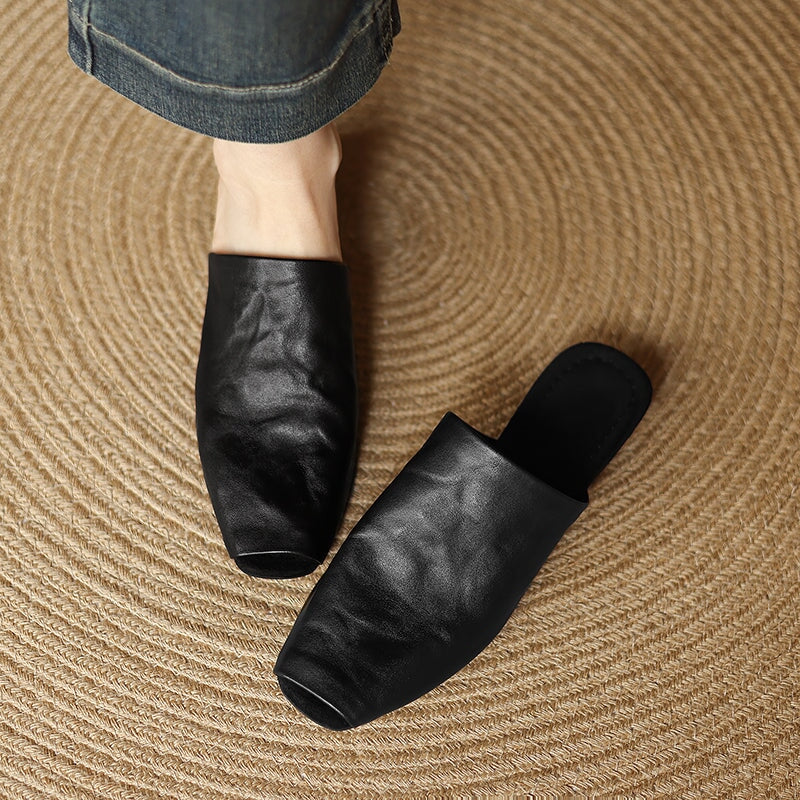 Casual Peep Toe Leather Minimalist Mule Slippers in Black/Brown/Apricot