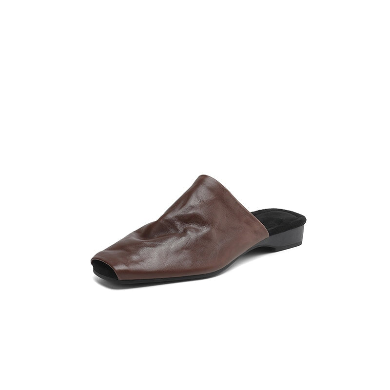 Casual Peep Toe Leather Minimalist Mule Slippers in Black/Brown/Apricot