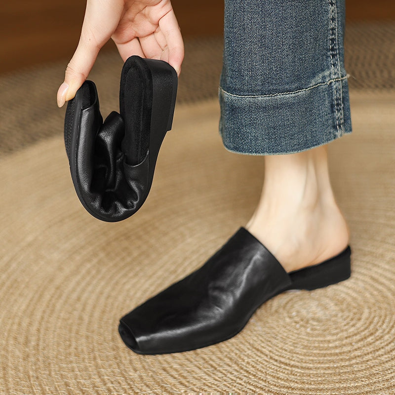 Casual Peep Toe Leather Minimalist Mule Slippers in Black/Brown/Apricot