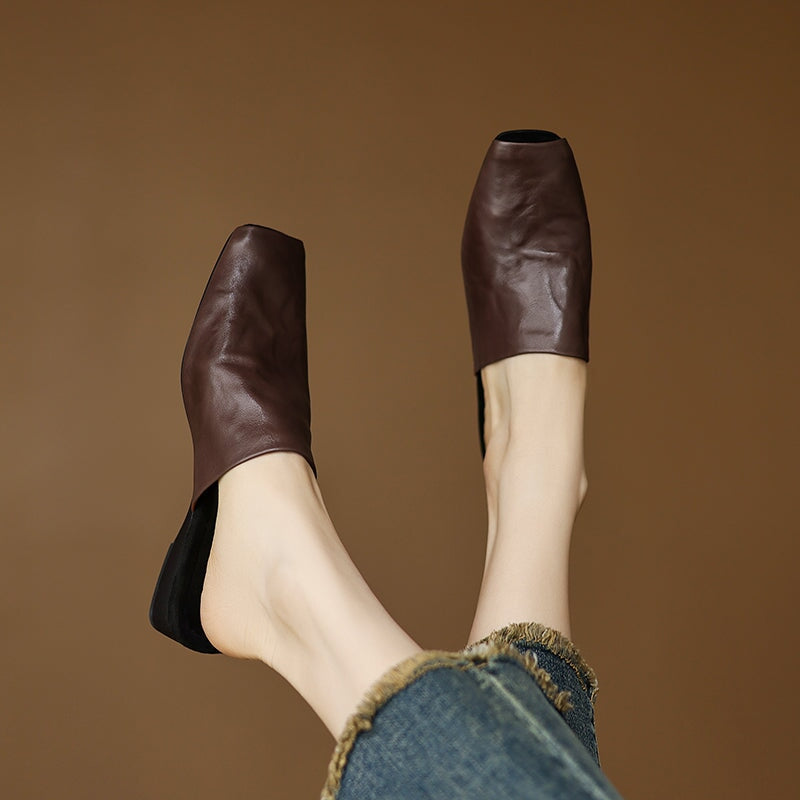 Casual Peep Toe Leather Minimalist Mule Slippers in Black/Brown/Apricot