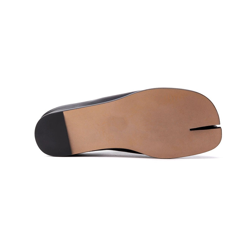 Casual Split Toe Leather Mules Flat Backless Slippers in Black/Red