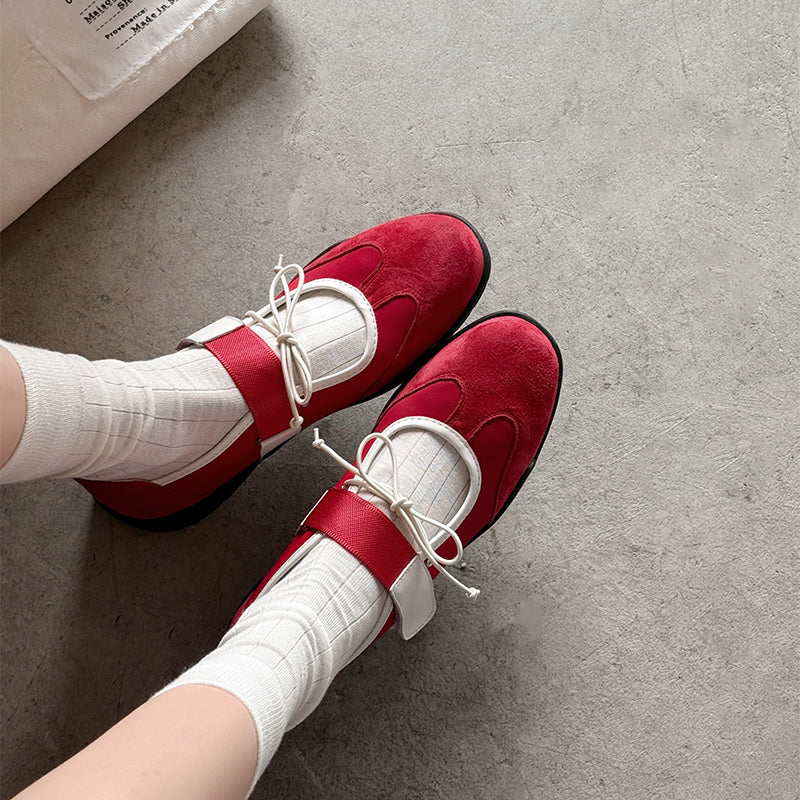Chic Bow Velcro Mary Jane Sneakers for Women Soft Suede Leather Flats in Brown/Black/Red