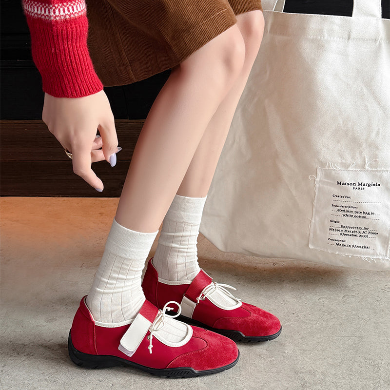 Chic Bow Velcro Mary Jane Sneakers for Women Soft Suede Leather Flats in Brown/Black/Red
