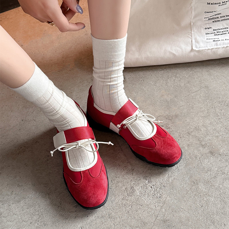 Chic Bow Velcro Mary Jane Sneakers for Women Soft Suede Leather Flats in Brown/Black/Red