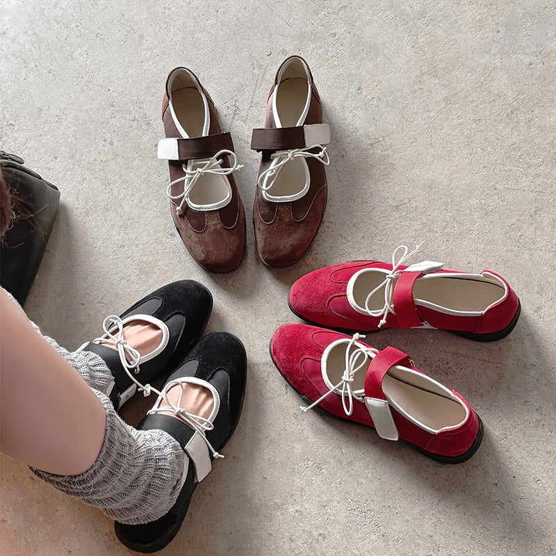Chic Bow Velcro Mary Jane Sneakers for Women Soft Suede Leather Flats in Brown/Black/Red