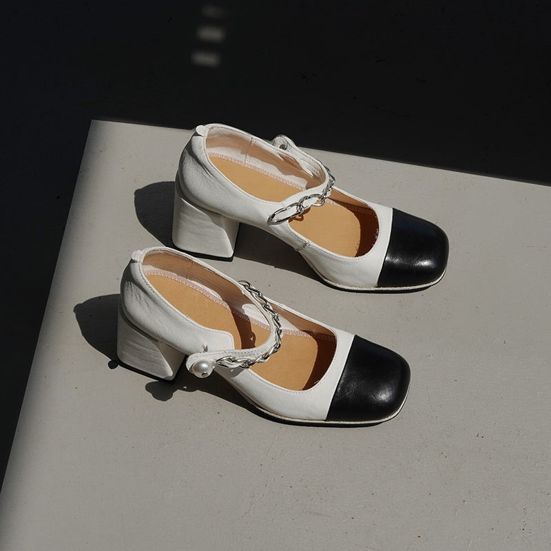 Chic Handmade Horse Leather Two-Tone Pearl Chain Mary Jane Pumps 65mm Block Heel in Beige/Blue