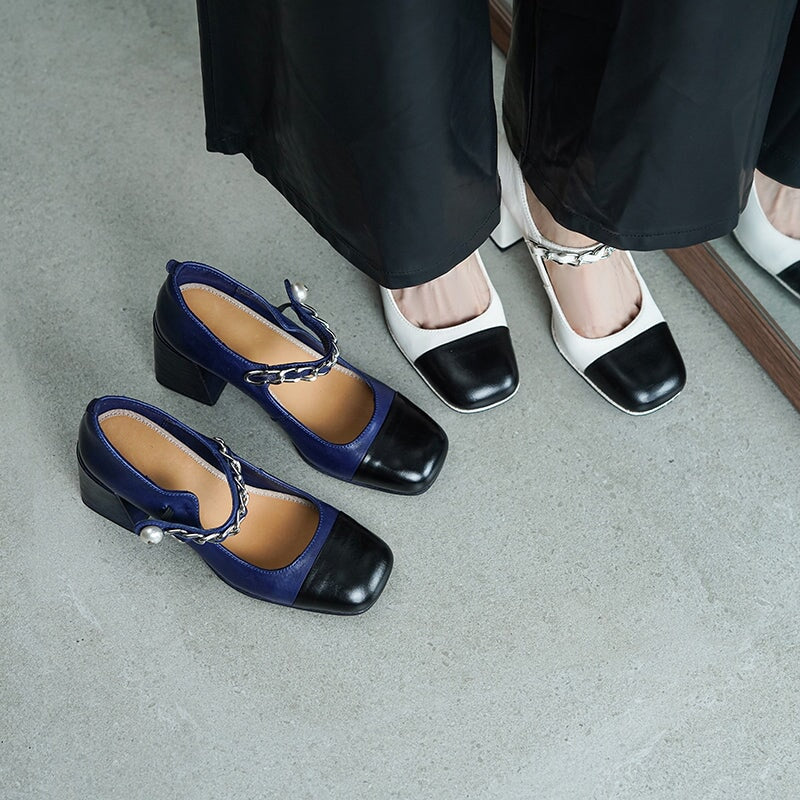 Chic Handmade Horse Leather Two-Tone Pearl Chain Mary Jane Pumps 65mm Block Heel in Beige/Blue