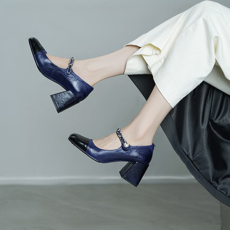 Chic Handmade Horse Leather Two-Tone Pearl Chain Mary Jane Pumps 65mm Block Heel in Beige/Blue
