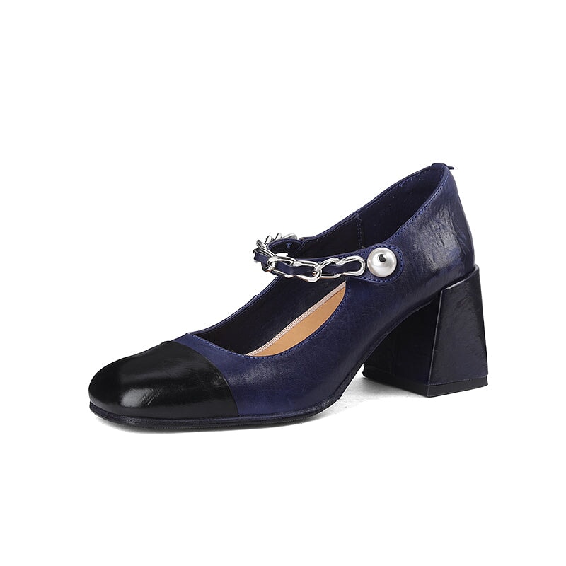 Chic Handmade Horse Leather Two-Tone Pearl Chain Mary Jane Pumps 65mm Block Heel in Beige/Blue
