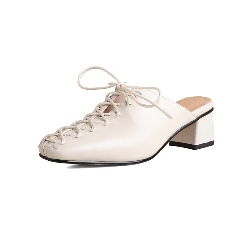 Chic Lace Up Mules for Women Elegant Covered Toe Leather Slippers in Apricot/Beige
