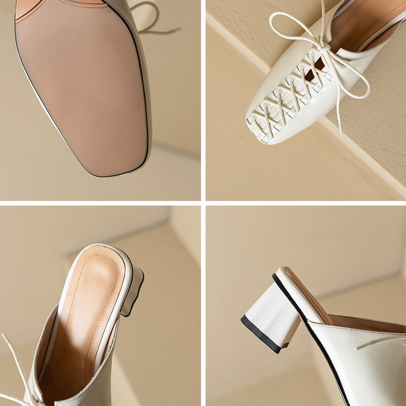 Chic Lace Up Mules for Women Elegant Covered Toe Leather Slippers in Apricot/Beige