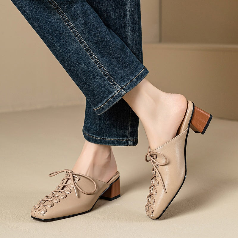 Chic Lace Up Mules for Women Elegant Covered Toe Leather Slippers in Apricot/Beige