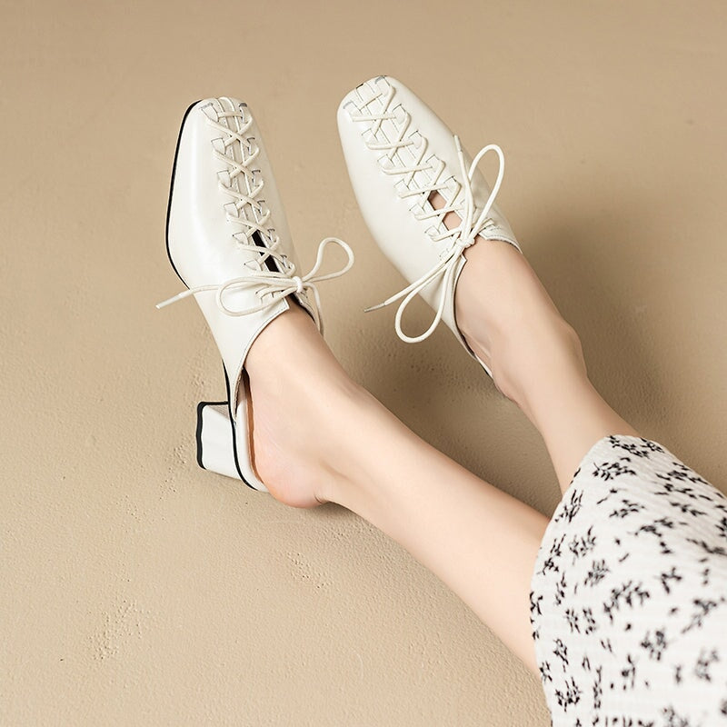 Chic Lace Up Mules for Women Elegant Covered Toe Leather Slippers in Apricot/Beige